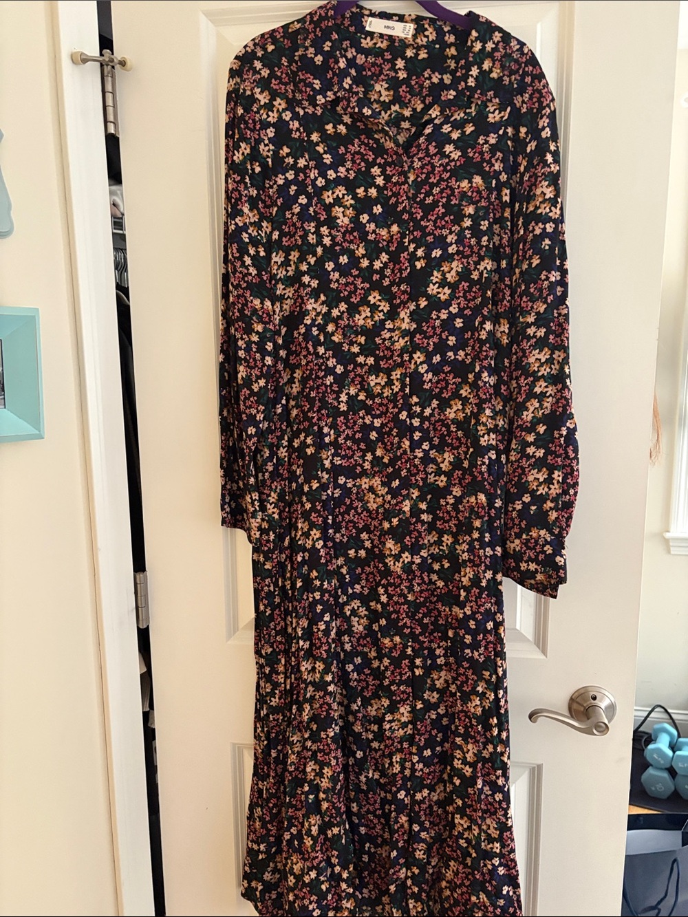 Mango Black Floral Long Sleeve Maxi Dress with Pink & Green Flowers
